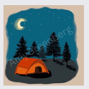 Camping tent art print mid century modern