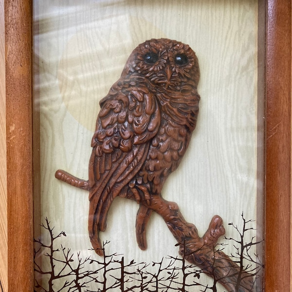 Owl Vintage 3D Shadow Box Wall Art Lucid Lines of California Painting Bas Relief