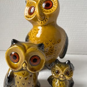 May include: Three ceramic owl figurines in varying sizes. The owls are primarily brown with black accents and large, detailed orange eyes. The figurines have a glossy finish and are arranged together.