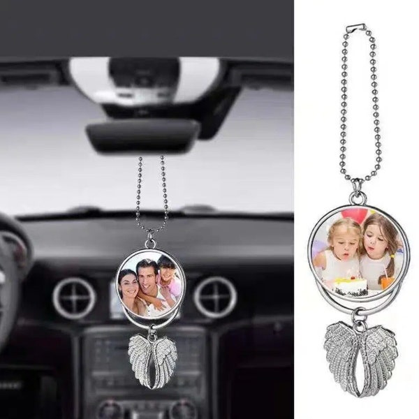 Porte bonheur ailes d'ange - Bijou de voiture personnalisé avec photo - Souvenir de famille - Bijou avec photo à offrir - Envoi offert