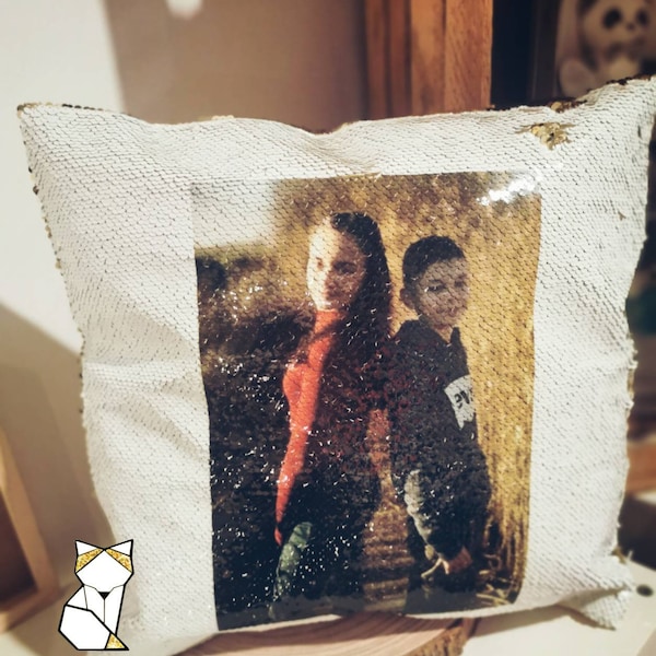 Coussin sequin paillette OR personnalisé avec photo - Envoi offert en point relay