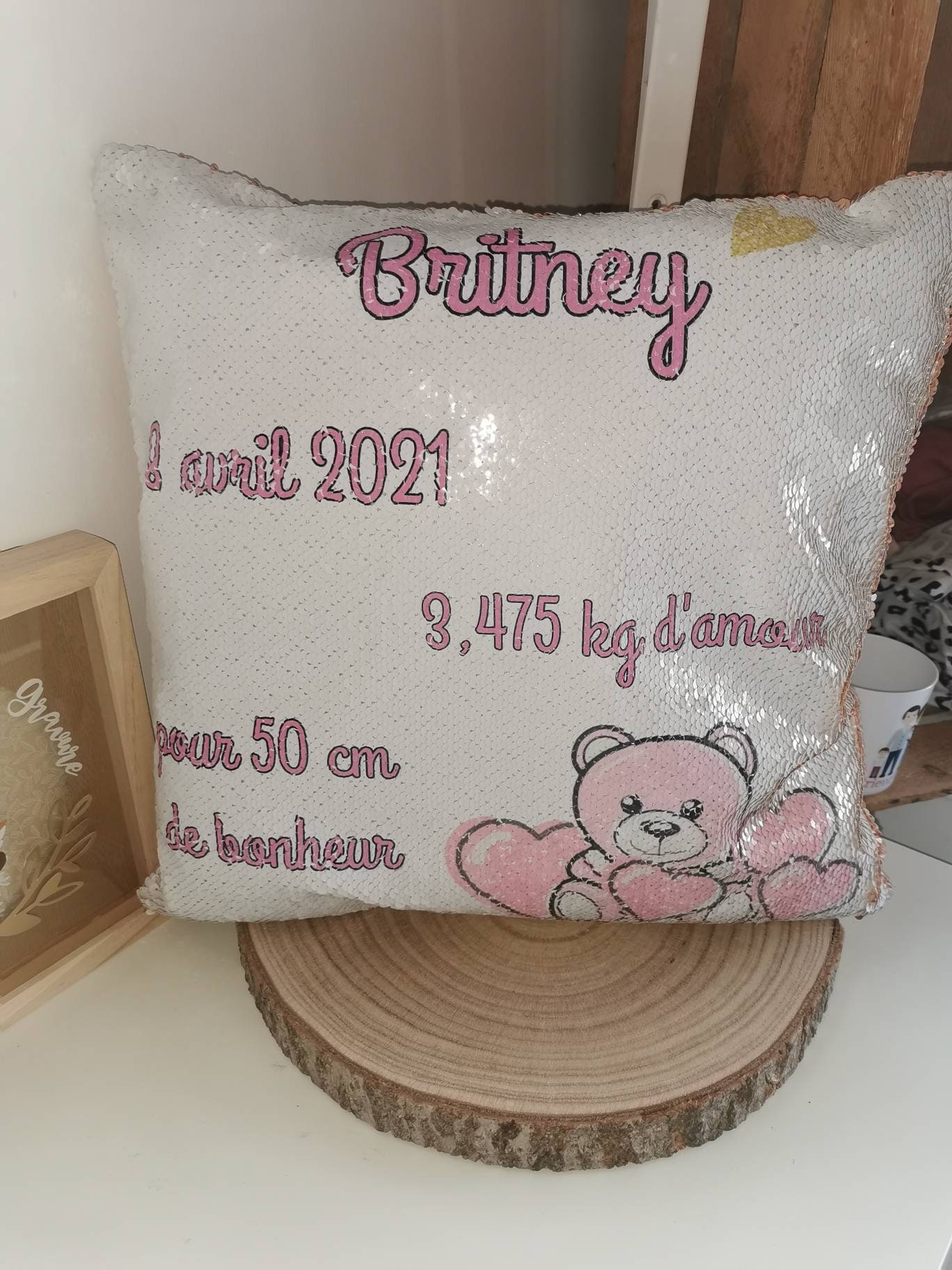 Coussin Sequin Paillette Or Personnalisé avec Photo - Envoi Offert en Point Relay