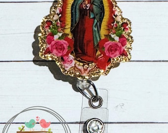 Mexican Virgen Guadalupe Pink Roses Mexico Glitter Badge Reel