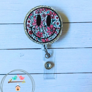 Floral Smile Happy Face Badge Reel Work ID Tag