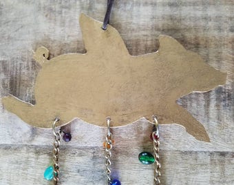 Rustic Gold Flying Pig Colorful Wind Chime with Copper Bells