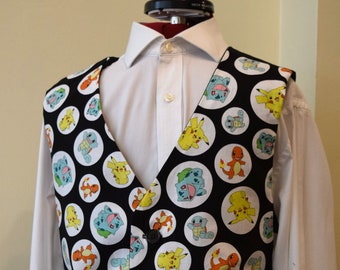 Boys waistcoat made with Pokemon Circles, with Pikachu and Squirtle on black fabric; matching Bowtie available.