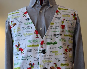 Mens waistcoat/vest made with Christmas Grinch fabric; matching bowtie available