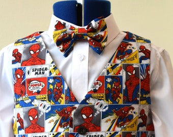 Boys waistcoat made with Spiderman Comic Strip fabric; matching Bowtie available.