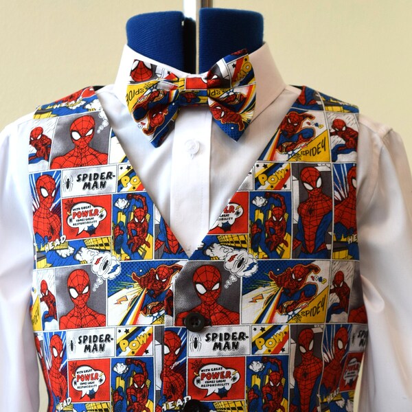 Men's Waistcoat/vest made with Spiderman Comic Strip fabric; matching bowtie available