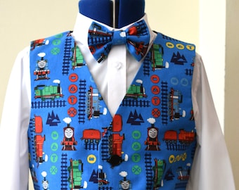 Boys Waistcoat made with Royal Blue Thomas the Tank Engine fabric; matching Bowtie available -New fabric!