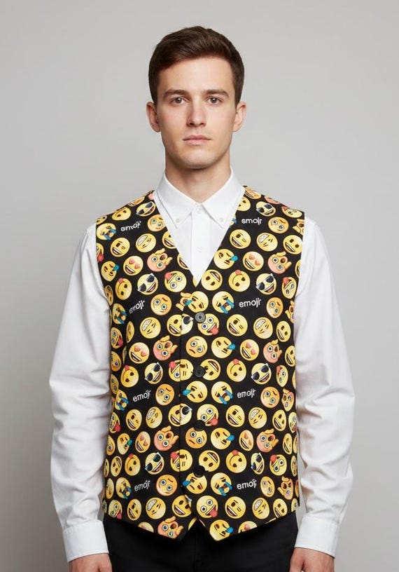 A fully handmade emoji-print waistcoat/vest for grooms or party-goers — absurdly fun and genuinely one-of-a-kind tailoring.