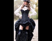 Ready to ship 3PC Black SATIN Corset with BLACK Black Damask DOUBLE Bustle Skirt, Steampunk, Victorian, Cosplay, Costume, Dress