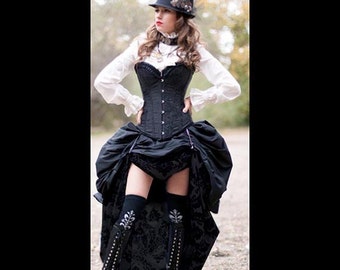 Ready to ship 3PC Black SATIN Corset with BLACK& Black  Damask DOUBLE Bustle Skirt, Steampunk, Victorian, Cosplay, Costume, Dress