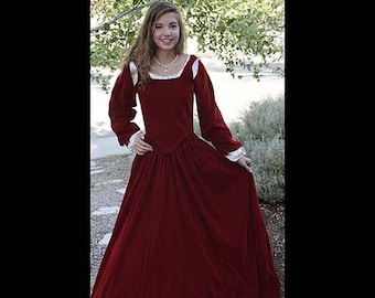 Renaissance Medieval RED Velvet Dress Costume Clothing Bodice Skirt Pearl Detachable sleeves COSTUME Madrigals Dickens #1