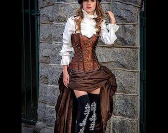 Steampunk Brown Corset w/ BROWN Bustle Skirt Victorian Cosplay Costume Dress Goth