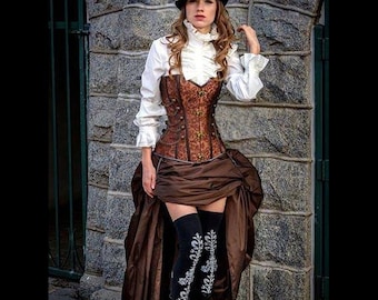 Steampunk Brown Corset w/ BROWN Bustle Skirt Victorian Cosplay Costume  Dress Goth