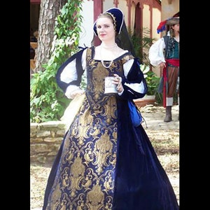 Renaissance Medieval NAVYbrocade NAVY VELVET JULIAN bodice, skirt, detachable sleeves Costume Clothes Clothing #1