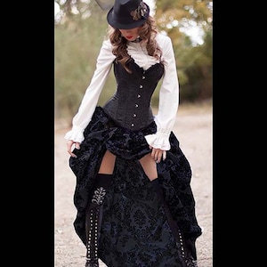 Ready to ship Black Satin Corset with BLACK/BLACK Damask Bustle Skirt, Victorian, Cosplay, Dress, Steampunk outfit costume