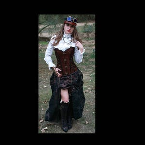 Steampunk Brown Corset w/ BROWN/BLACK DAMASK Bustle Skirt Victorian Cosplay Costume Dress Goth