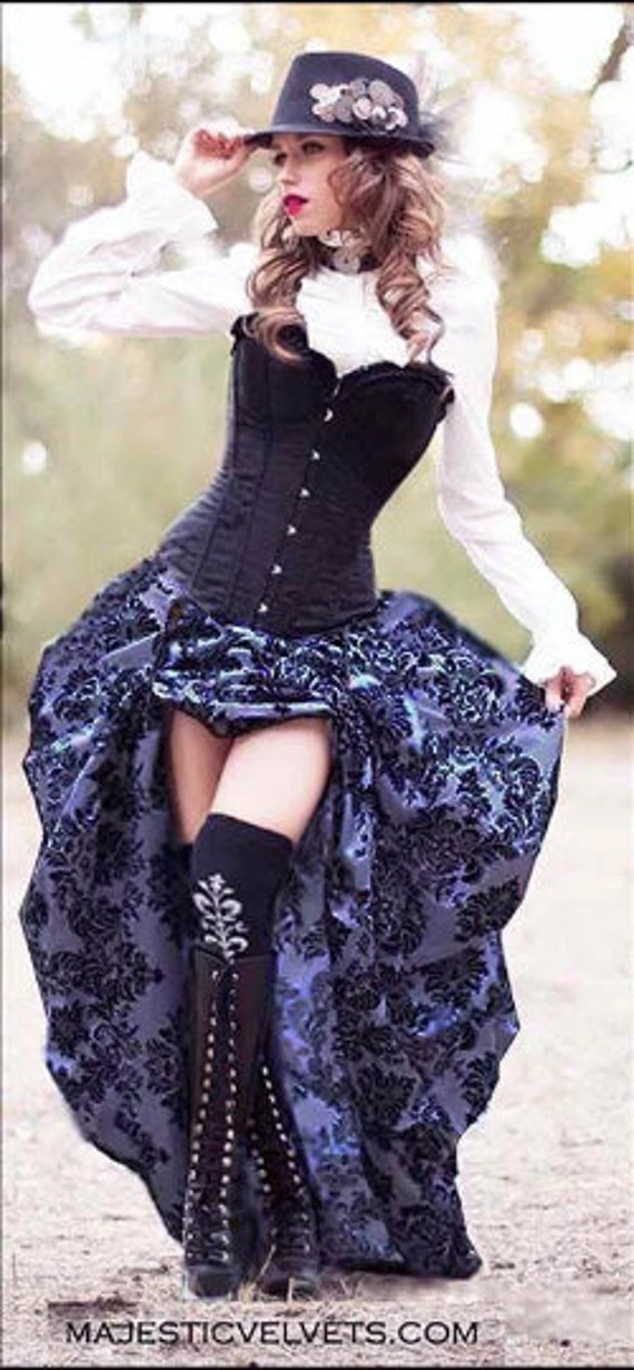 2 Piece Purple & Black Damask Bustle Skirt with Black Damask Corset - Ready to Ship