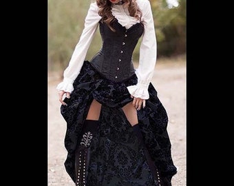 Listo para enviar corsé de satén negro con falda de damasco NEGRO/NEGRO, victoriano, cosplay, vestido, traje Steampunk