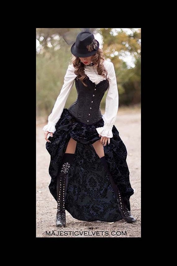 Ready to ship Black Satin Corset with BLACK/BLACK Damask Bustle Skirt, Victorian, Cosplay, Dress, Steampunk outfit costume