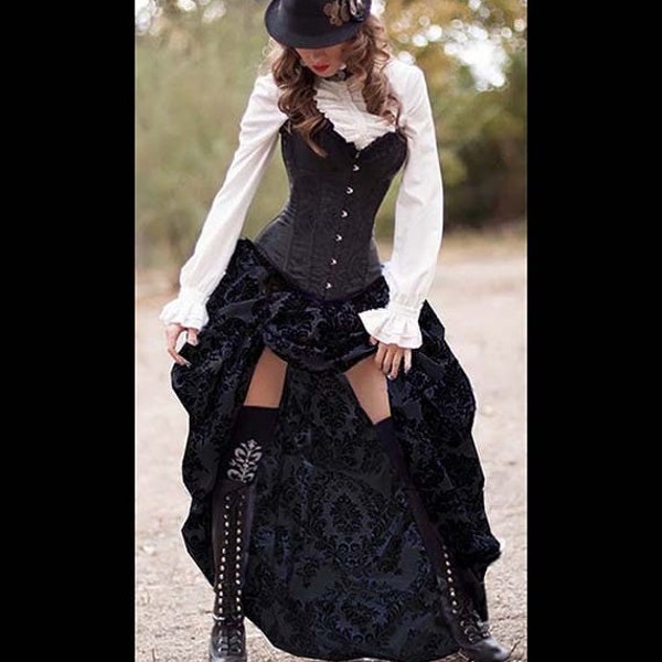 Corset en satin noir prêt à être expédié avec jupe damassée noire/noire, costume victorien, cosplay, robe, tenue steampunk