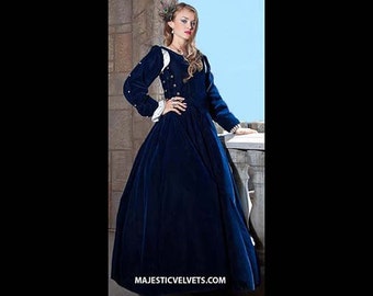 Renaissance Middeleeuwse MARINE Blauw Fluweel "Gabriella" Jurk Kleding Lijfje Rok Parel Afneembare mouwen HALLOWEEN KOSTUUM Madrigalen #1