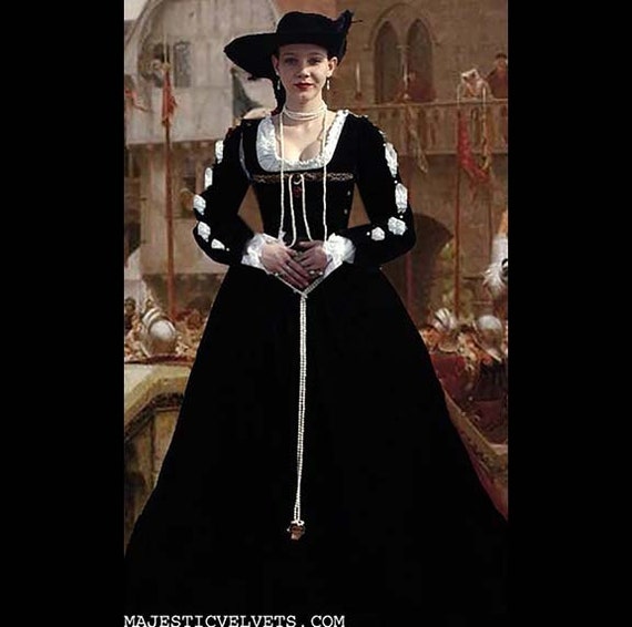 Renaissance Medieval BLACK  Velvet "Gabriella"  Dress Costume Clothing Bodice Skirt Pearl Detachable sleeves HALLOWEEN Madrigals Dickens #1