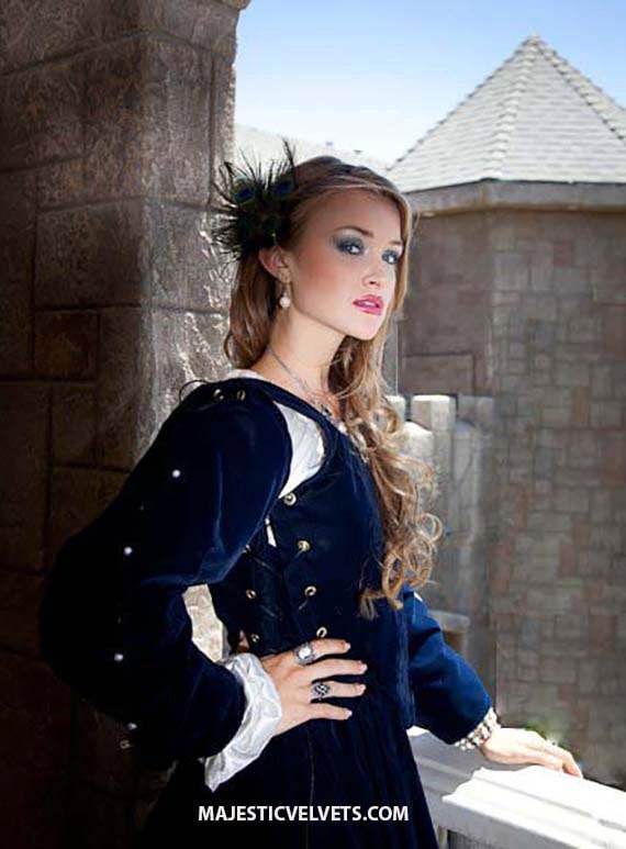 Renaissance Medieval NAVY Blue Velvet Gabriella Dress Clothing Bodice Skirt Pearl Detachable sleeves HALLOWEEN COSTUME Madrigals 1