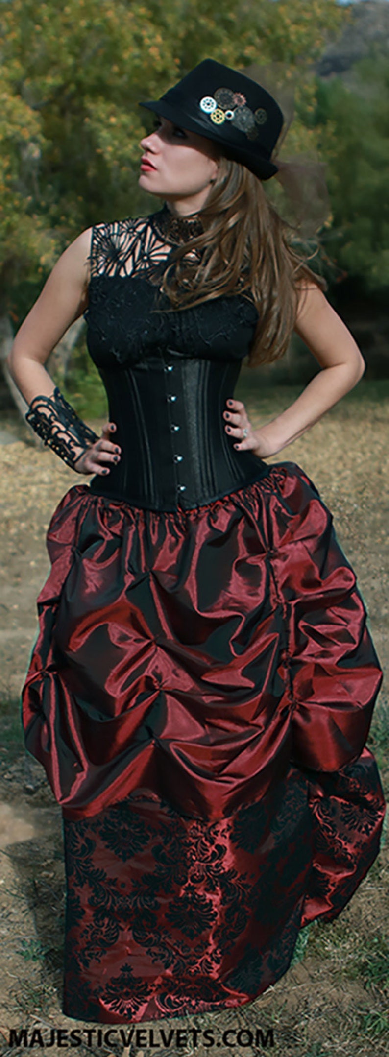 Ready 3PC Black UNDERBUST Heavy Duty Corset, Long Wine &Black Damask, short wine skirt DOUBLE Bustle, Steampunk, Victorian, Costume, Dress imagem 2