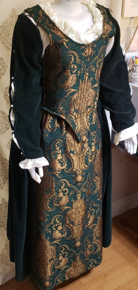 Green Brocade & Green Velvet Renaissance Dress for Coplay Victorian Dickens Dress up