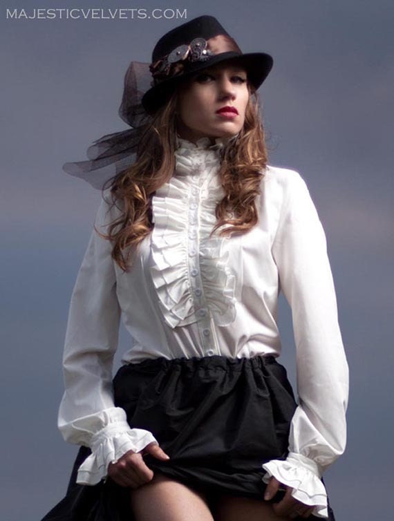 White Victorian Steampunk High Neck Long Sleeve Blouse