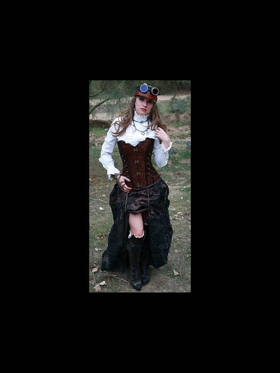 Steampunk Brown Corset w/ BROWN/BLACK DAMASK Bustle Skirt Victorian Cosplay Costume Dress Goth