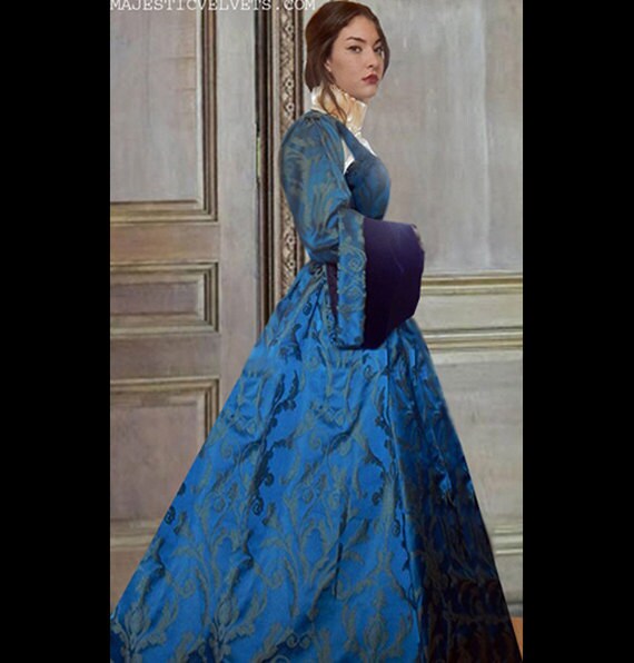 Boleyn Renaissance Teal Jacquard Dress Medieval Costume Clothes Clothing Small to Plus Size 1