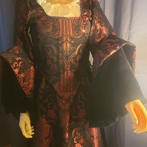 4 Piece Red & Black Brocade/Black Velvet Rennaisance Dress with Tudor Sleeves for Cosplay, Dickens, Victorian, Ballroom, Theater.