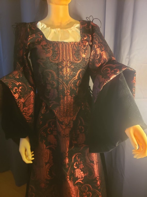 4 Piece Red & Black Brocade/Black Velvet Rennaisance Dress with Tudor Sleeves for Cosplay, Dickens, Victorian, Ballroom, Theater.