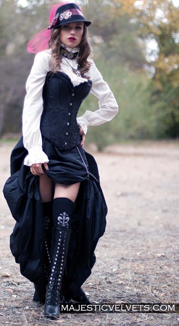 Ready to Ship Steampunk Victorian Black Satin Corset With Black Taffeta  Bustle Skirt Dress Costume Cosplay 