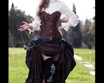 3 pc Steampunk Victorian Brown Corset & Double Bustle, long brown, short black skirts, costume, cosplay goth clothes clothing halloween