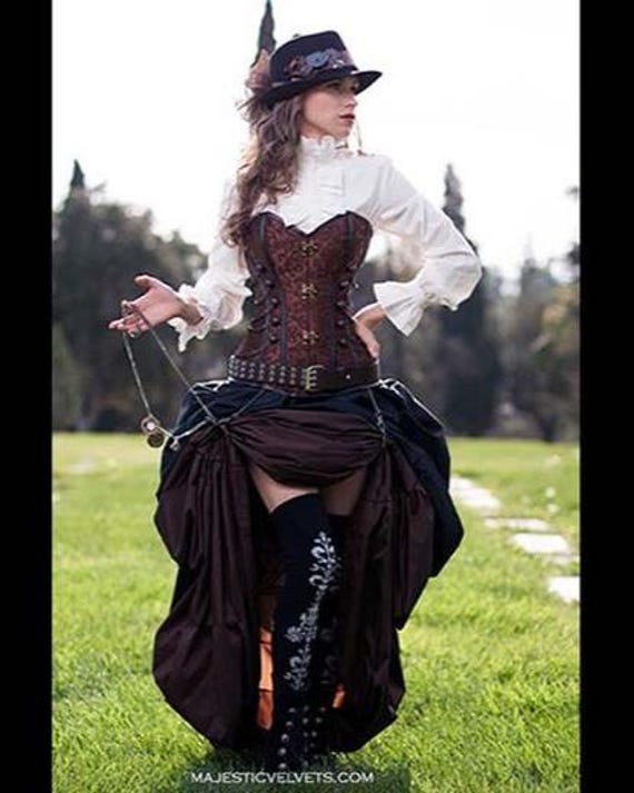 3 pc Steampunk Victorian Brown Corset & Double Bustle, long brown, short black skirts, costume, cosplay goth clothes clothing halloween