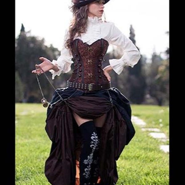 Conjunto steampunk victoriano de 3 piezas: corsé marrón y doble polisón, falda larga marrón, falda corta negra. Ideal para cosplay, ropa gótica o Halloween.