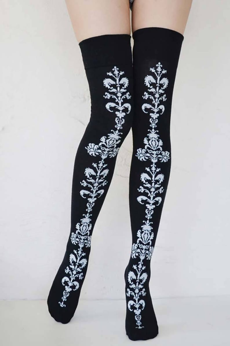 BLACK Over the Knee Stockings with white design image 1