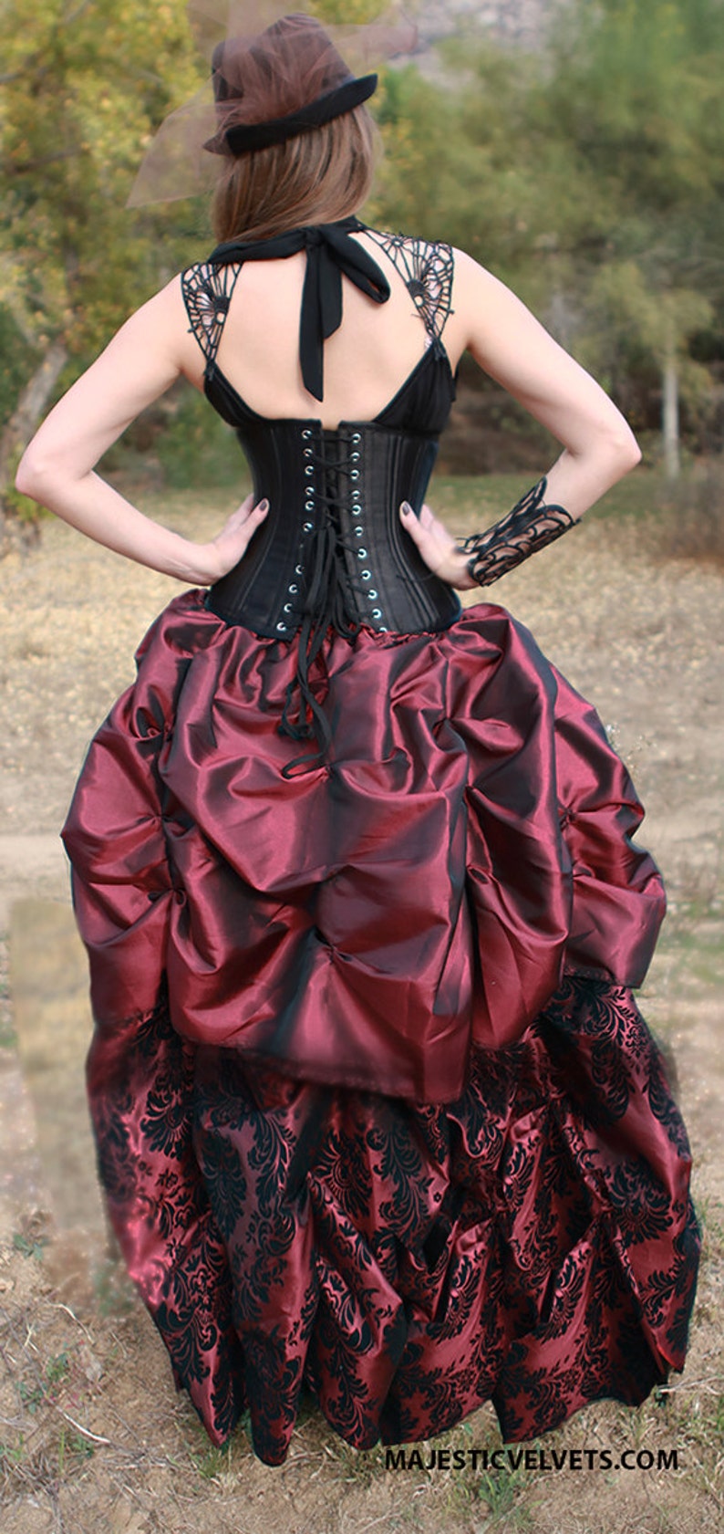 Ready 3PC Black UNDERBUST Heavy Duty Corset, Long Wine &Black Damask, short wine skirt DOUBLE Bustle, Steampunk, Victorian, Costume, Dress imagem 3