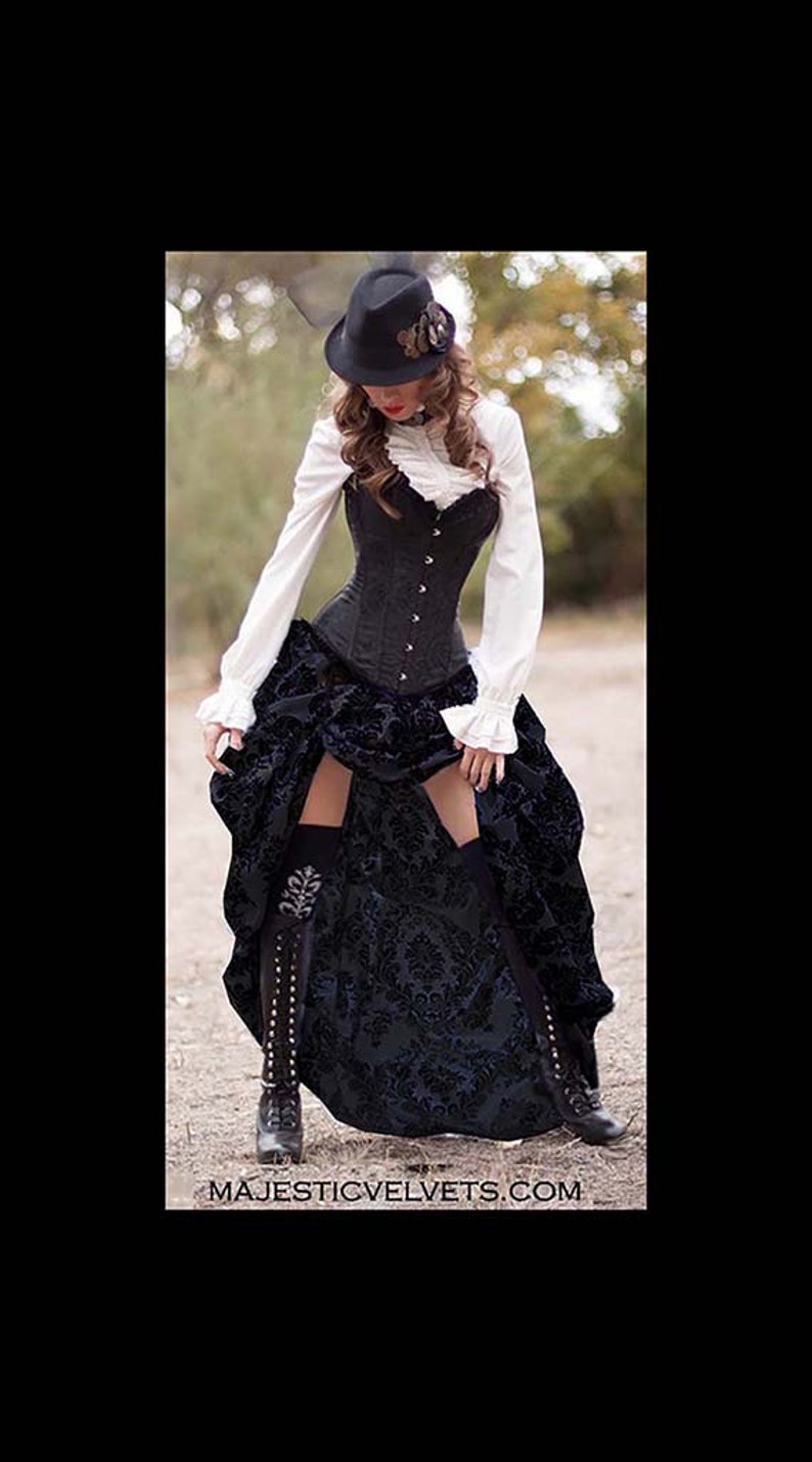 Ready to ship Black Satin Corset with BLACK/BLACK Damask Bustle Skirt, Victorian, Cosplay, Dress, Steampunk outfit costume 