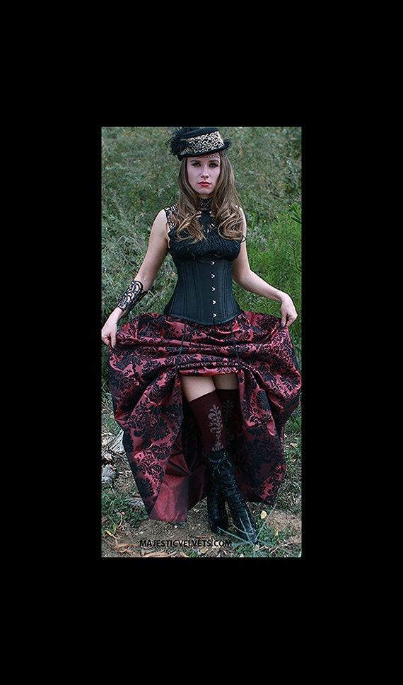 Ready to ship Black UNDERBUST Heavy Duty Corset with WINE Damask Bustle Skirt, Steampunk, Victorian, Cosplay, Dress, outfit, costume