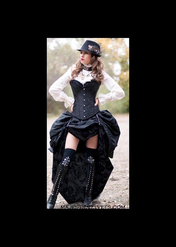 Ready to ship 3PC Black SATIN Corset with BLACK& Black  Damask DOUBLE Bustle Skirt, Steampunk, Victorian, Cosplay, Costume, Dress