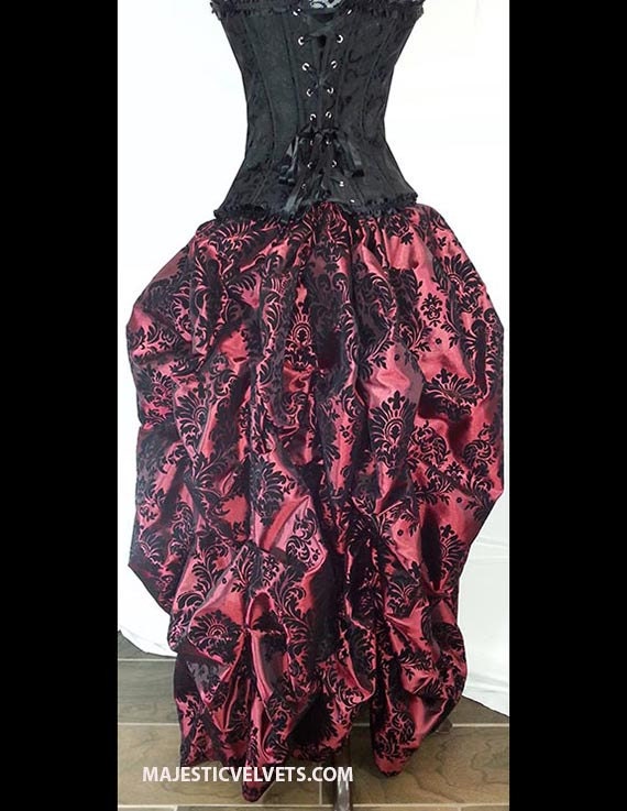 Ready to Ship Black Satin Corset With WINE/BLACK Damask Bustle | Etsy