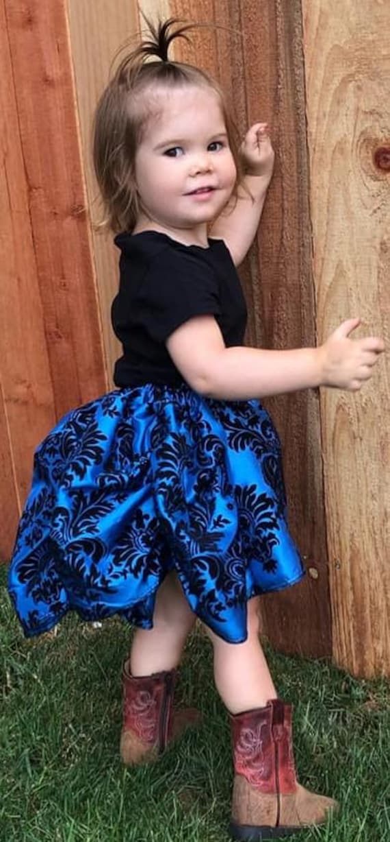 Custom Order - Blue & Black damask bustle skirt with hitch up chains