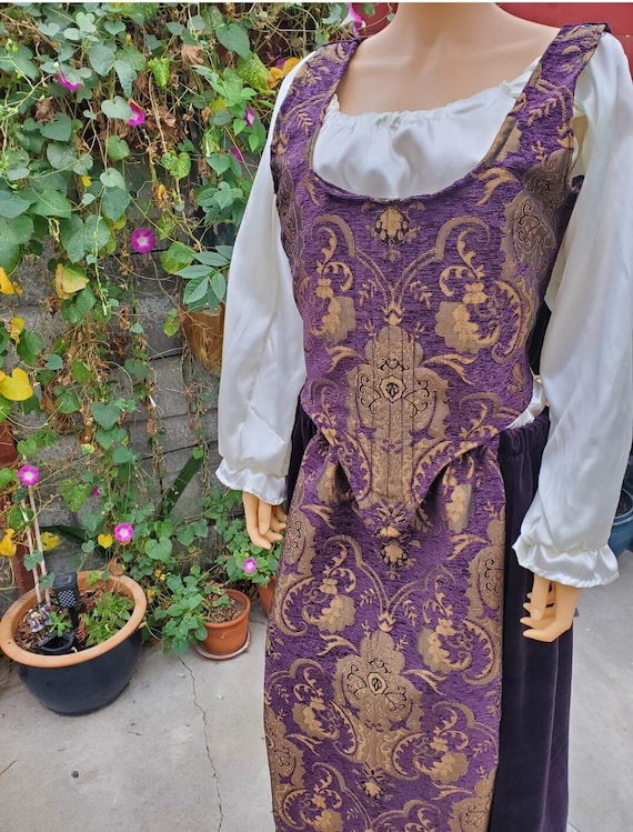 3 piece Purple Brocade & Purple Velvet Renaissance Dress for Cosplay, Victorian, Dickens, Festivals