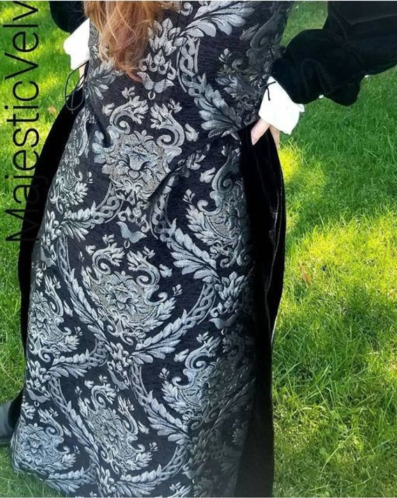 Renaissance Silver Brocade/Black Velvet Victorian Costume Dress for Cosplay